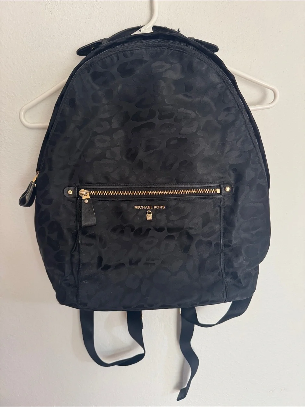 Michael Kors Black Leopard-Print Nylon Backpack with Gold Hardware